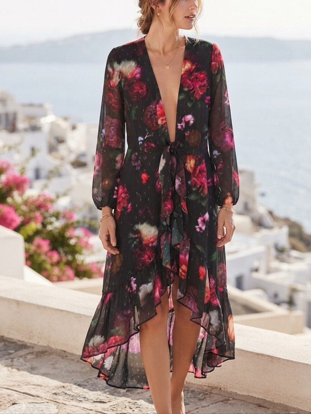 Lipsy Floral Chiffon Hi-Low Ruffle Midi Dress Size 10 Romantic